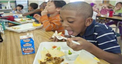 A picture of a boy eating school lunch